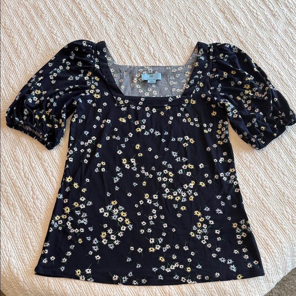 CeCe navy, light blue, yellow and white Floral Puff Sleeve Blouse